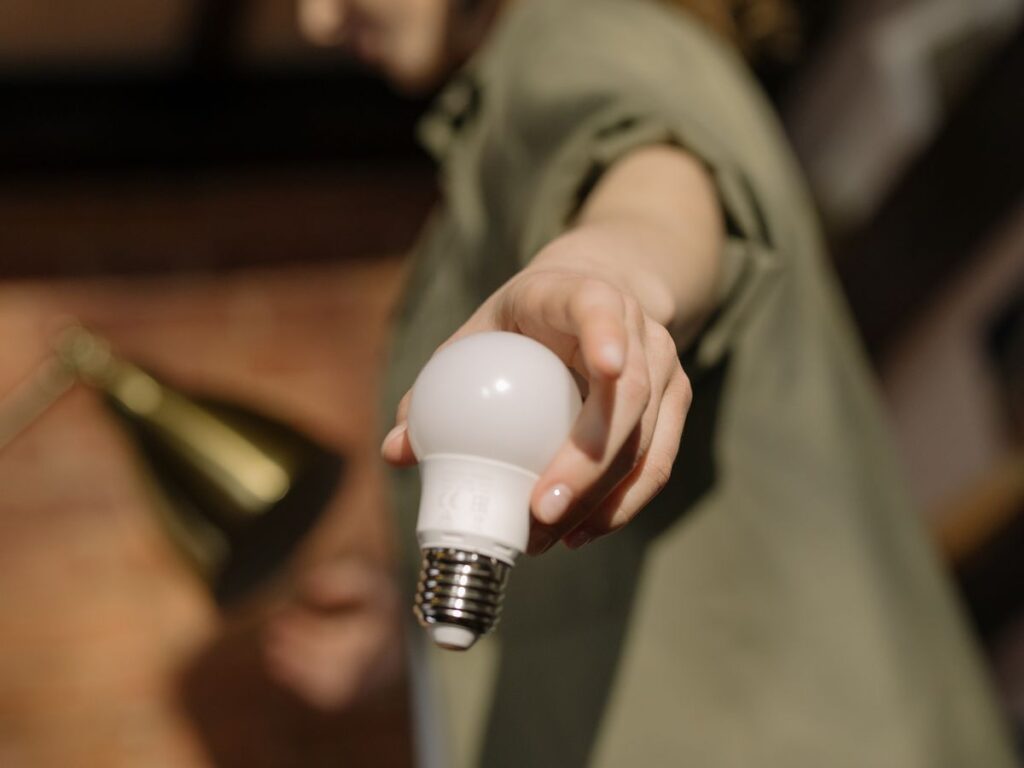 A hand holding an energy-saving light bulb
